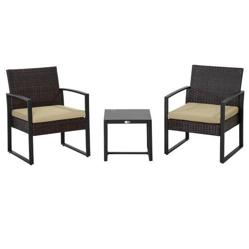 3Pc Rattan Bistro Set, Patio , Sofa Coffee Table and Chairs Sets Beige by Outsunny