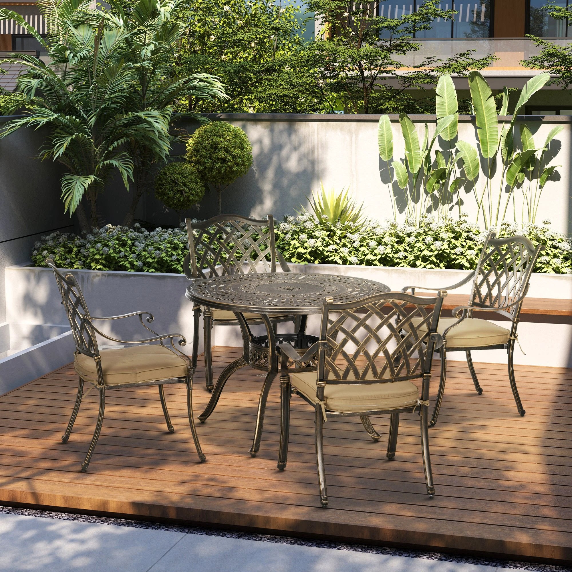 Outsunny 4 Seater Dining Set with Cushions Round Dining Table with Parasol Hole, Bronze -