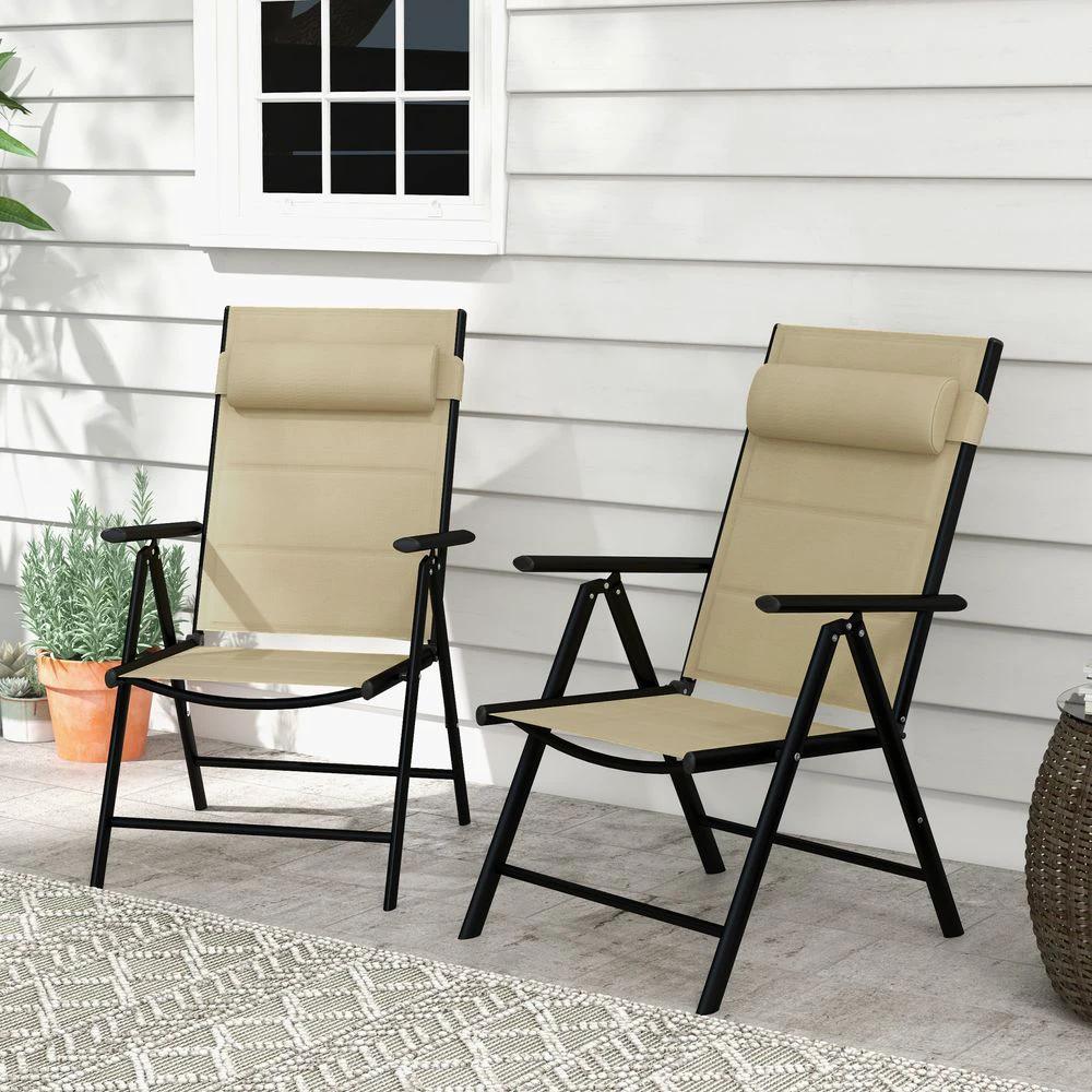 Outsunny 2 PCS Outdoor Folding Chairs, Dining Chairs with Padded Filling, Khaki by Outsunny