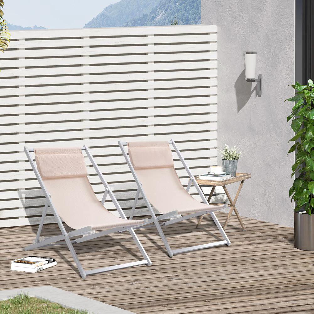 Outsunny Set of 2 Folding Deck Folding Chairs Garden Patio Lounger, White - Uncategorized Folding Chairs