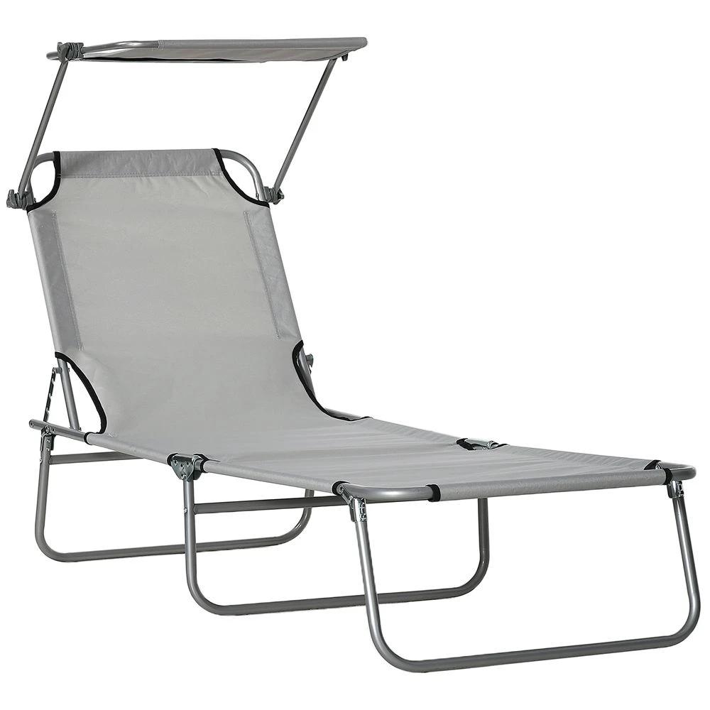 Folding Chair Sun Lounger w/ Sunshade Garden Recliner Hammock Grey by Outsunny