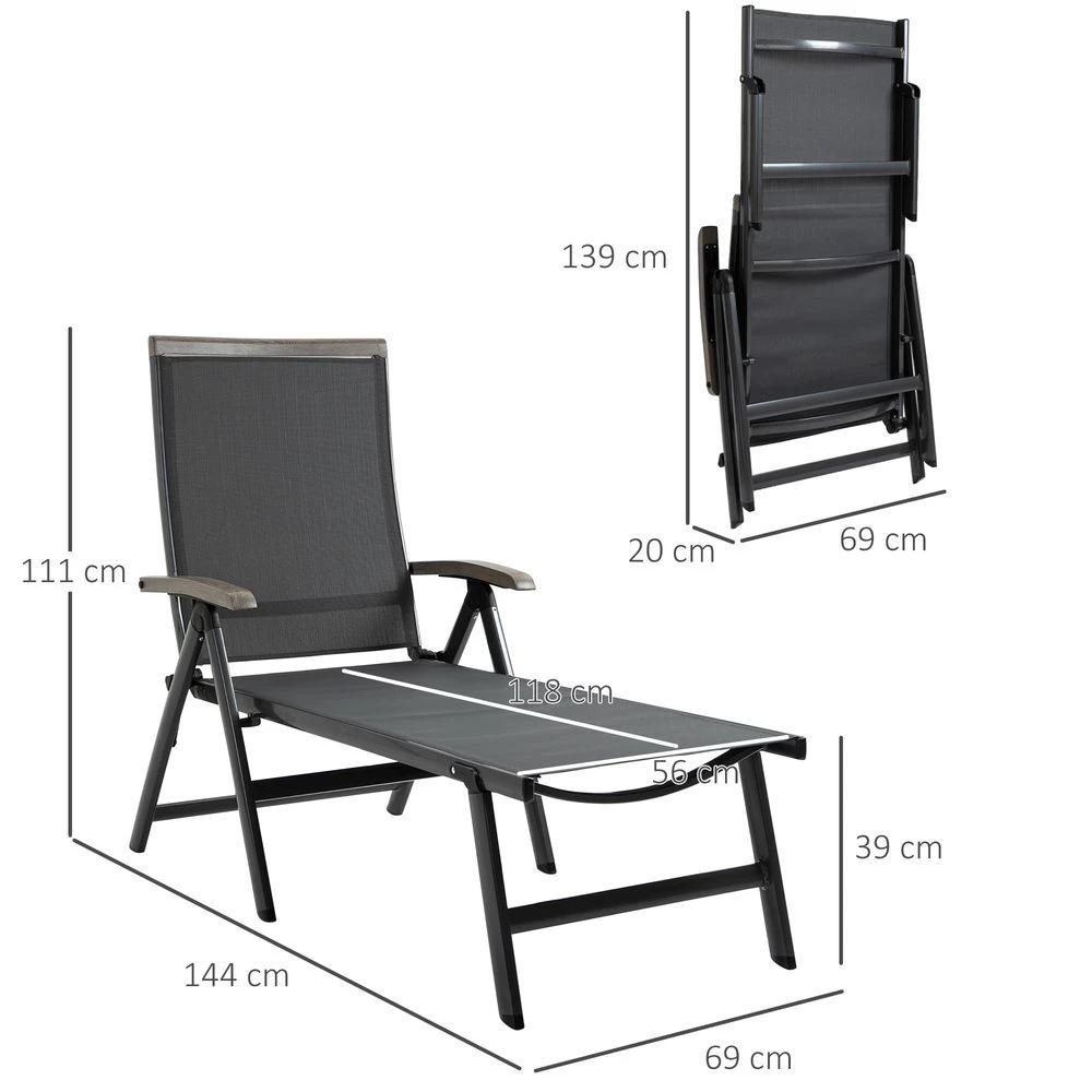 Folding Sun Lounger, Adjustable Chaise Lounge Chair Aluminium Frame Grey by Outsunny