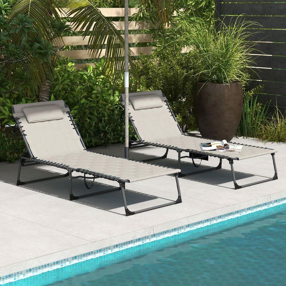 Outsunny Outsunny Foldable Sun Lounger Set, 2 Pieces Sun Lounger w/ Padded Seat Khaki - Uncategorized Garden Chairs