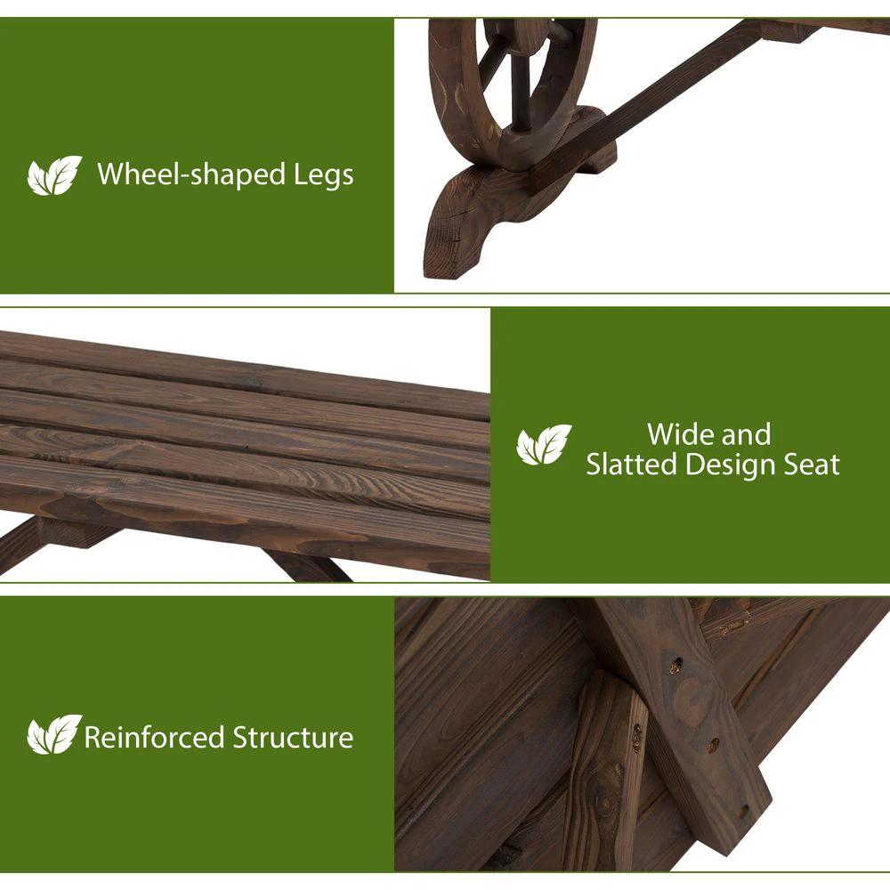 Outsunny Rustic Wooden Wheel Bench 2-Person Seat - Brown Chair Loveseat Park - Uncategorized Garden Chairs