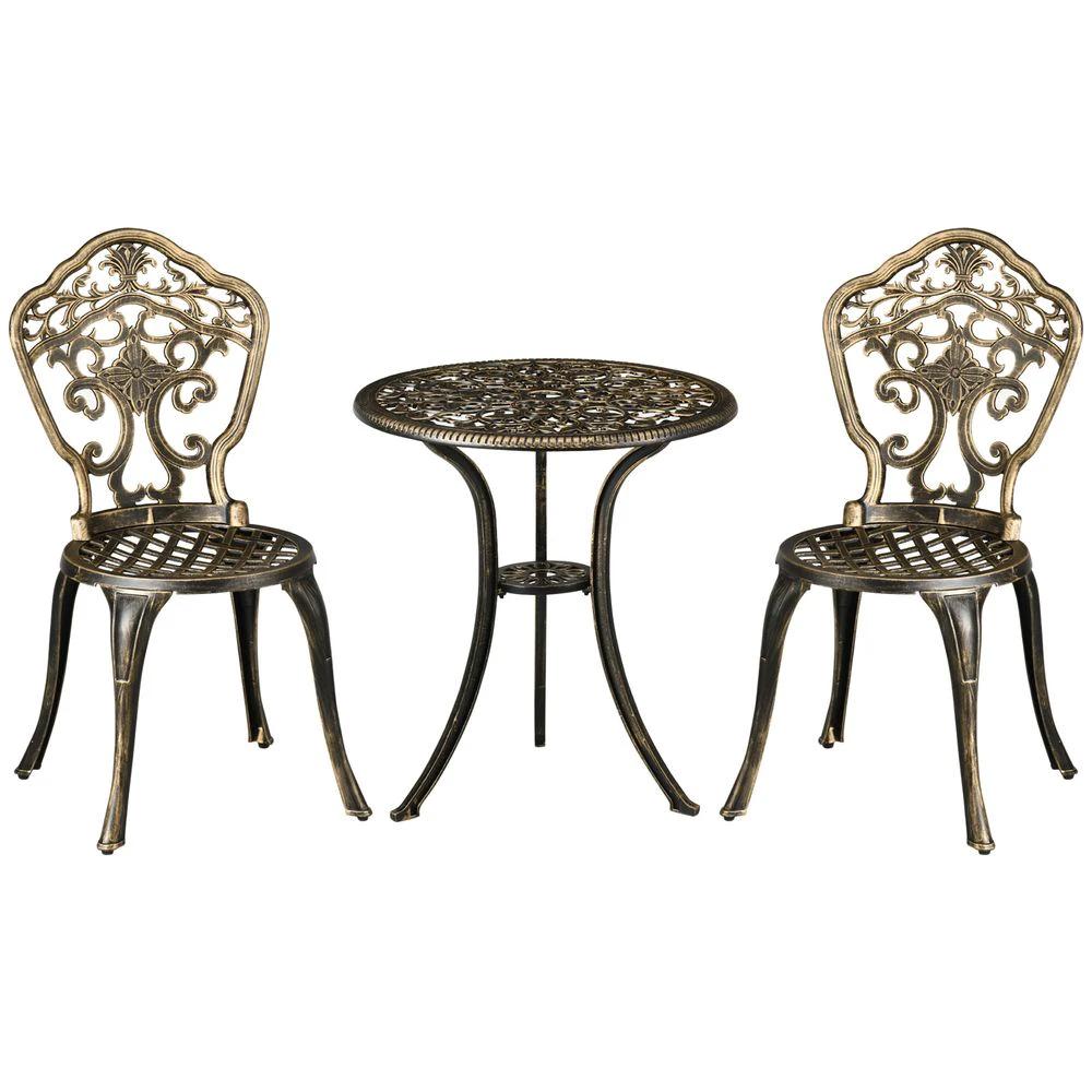 3 Piece Cast Aluminium Garden Bistro Set with Parasol Hole for Balcony, Patio by Outsunny