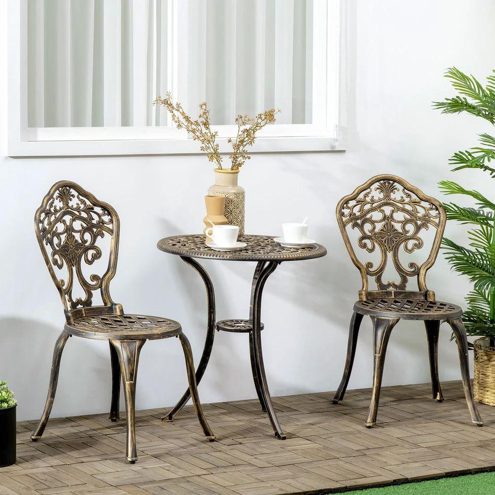 3 Piece Cast Aluminium Garden Bistro Set with Parasol Hole for Balcony, Patio by Outsunny