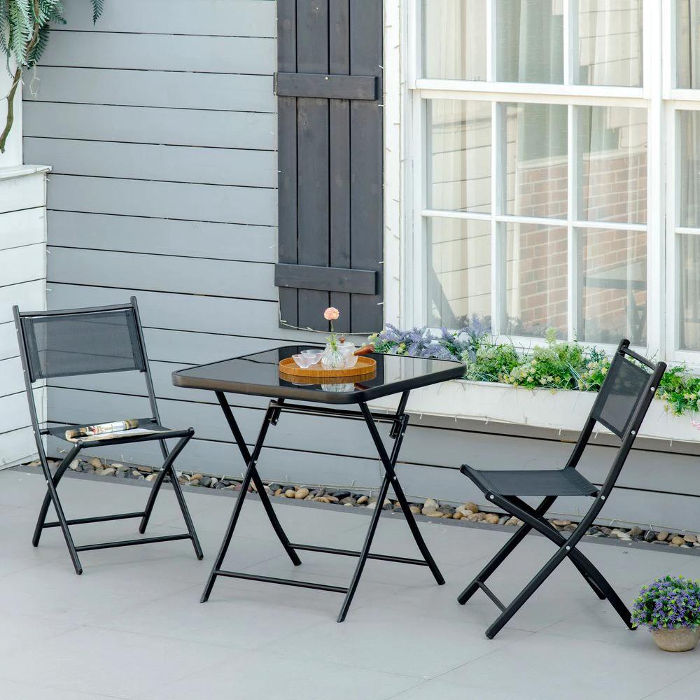 3PC Garden Bistro Set, Folding Black Glass by Outsunny