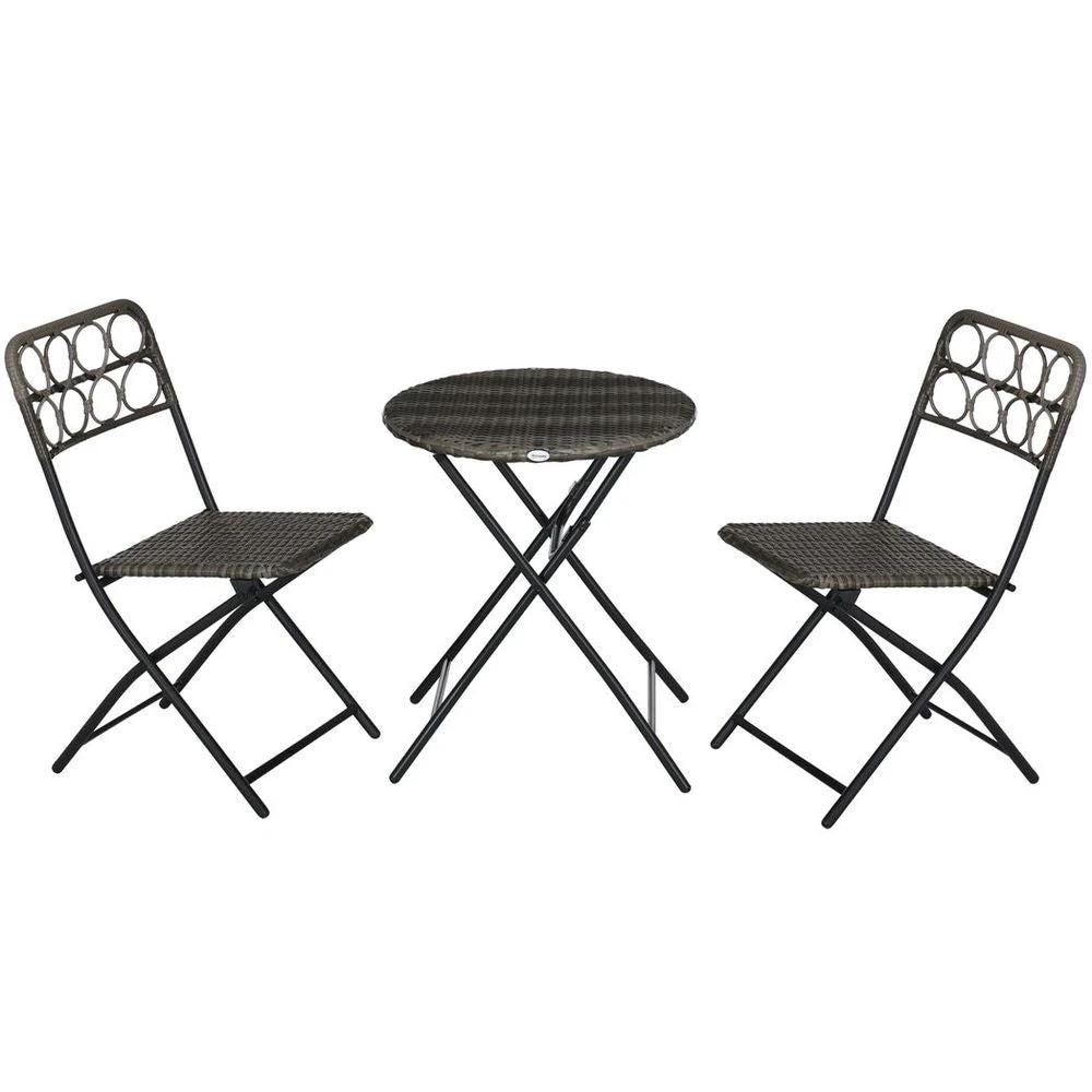 Outsunny 3 PCS Folding Rattan Wicker Bistro Set, Coffee Table Set, Grey by Outsunny