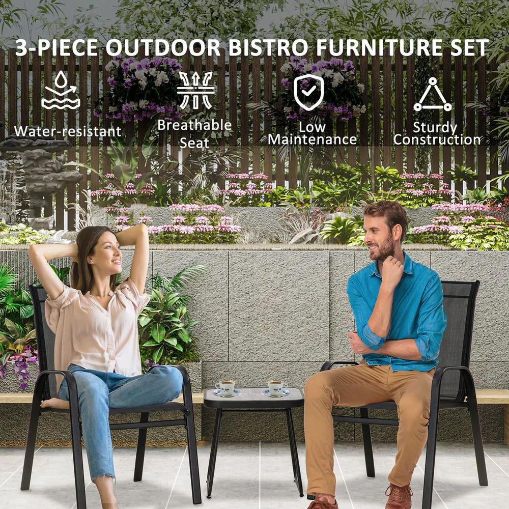 Outsunny 3PCs Bistro Set w/ Breathable Mesh Fabric & PSC Board Top Table, Black by Outsunny