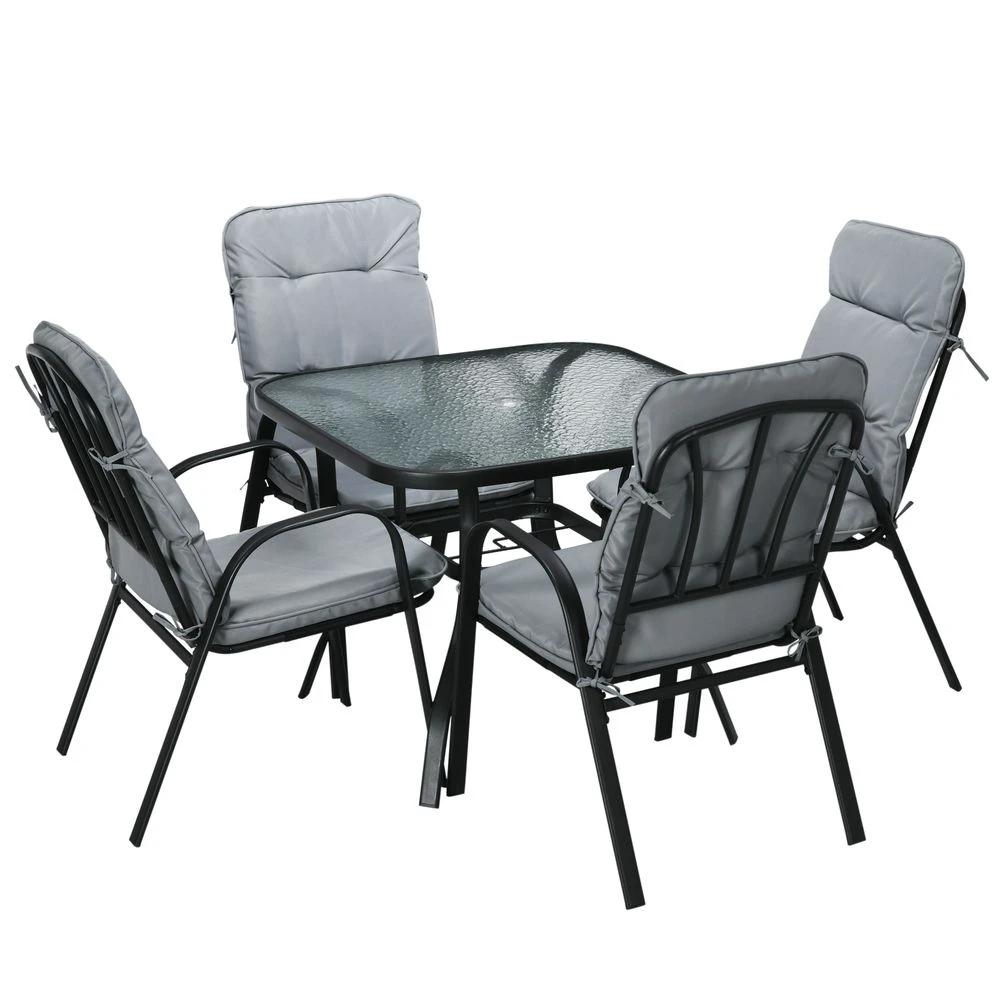 Outsunny Garden Dining Set, Glass Table w/ Umbrella Hole & Texteline Seats by Outsunny