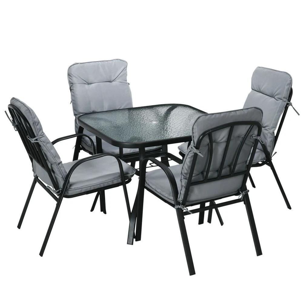 Outsunny Garden Dining Set, Glass Table w/ Umbrella Hole & Texteline Seats by Outsunny