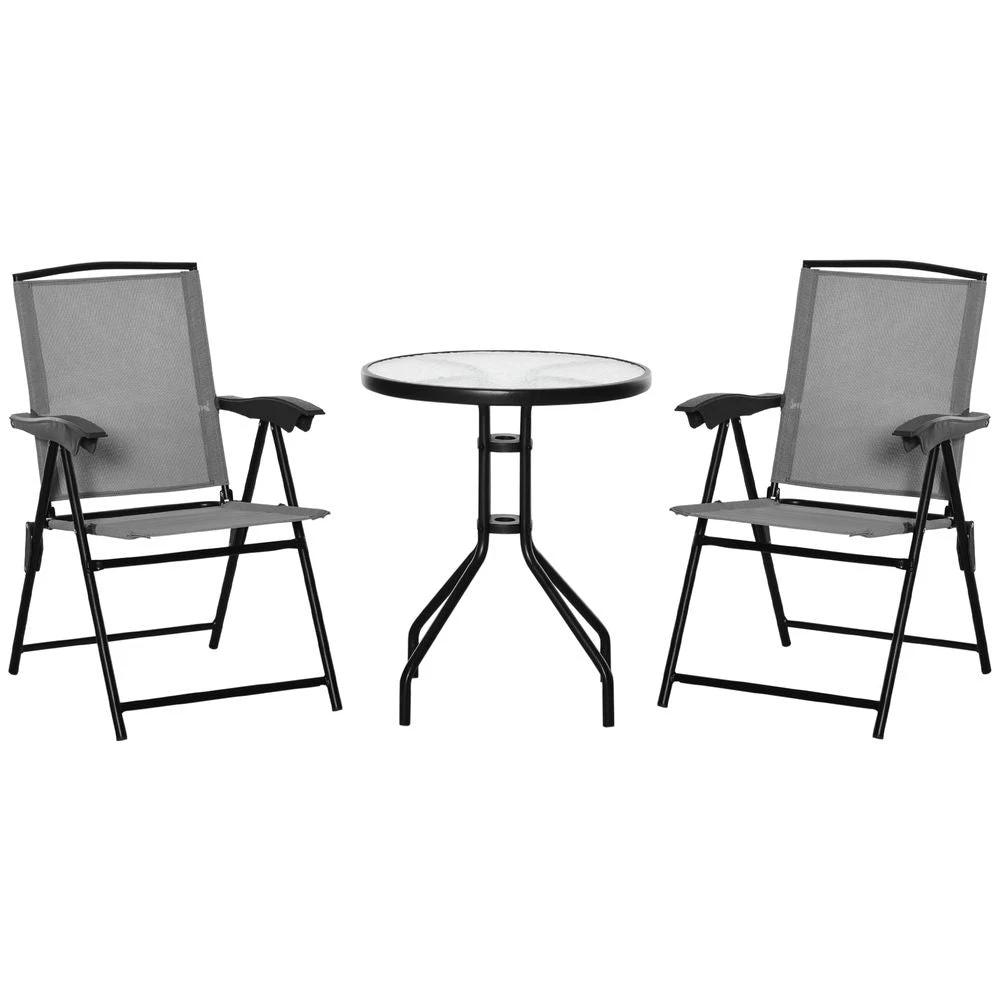 Patio Bistro Set Folding Chairs Garden Coffee Table for Balcony Grey Outsunny by Outsunny