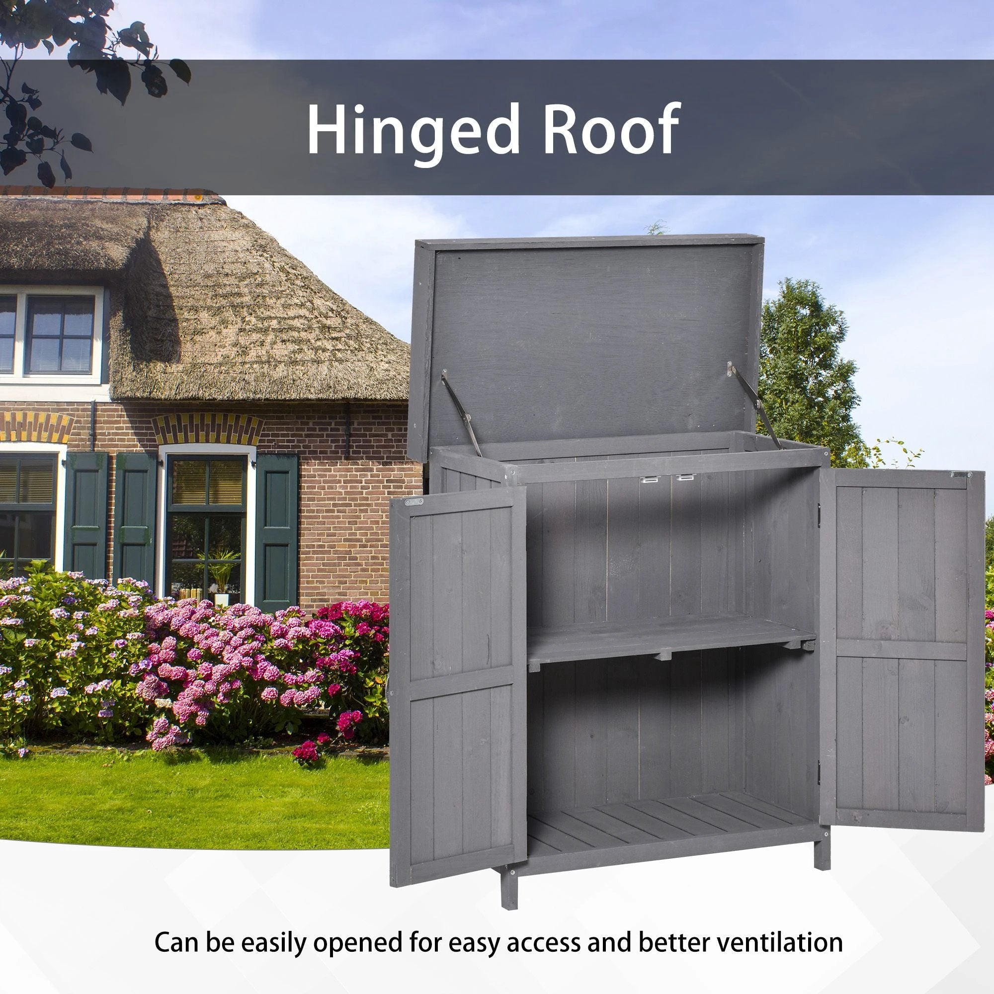 Outsunny 74x43x88cm Garden Shed Storage Wooden Chest Double Doors Shelf Hinged Roof - Garden Shed