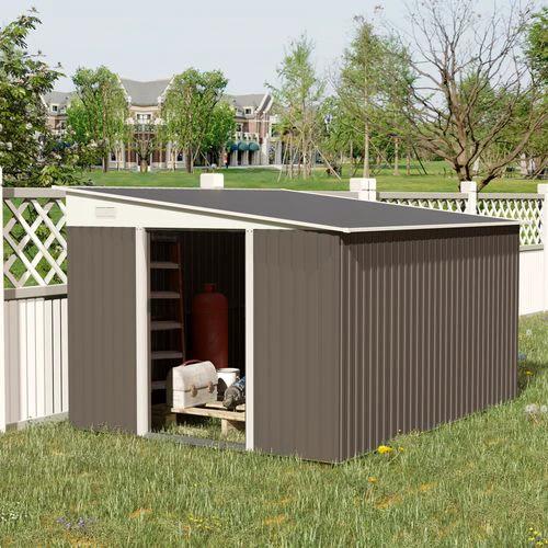 Outsunny 11.3 x 9.2ft Steel Garden Shed Metal Tool House Double Doors & 2 Air Vents, Grey - Garden Shed