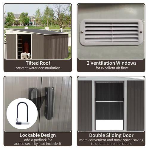 Outsunny 11.3 x 9.2ft Steel Garden Shed Metal Tool House Double Doors & 2 Air Vents, Grey - Garden Shed