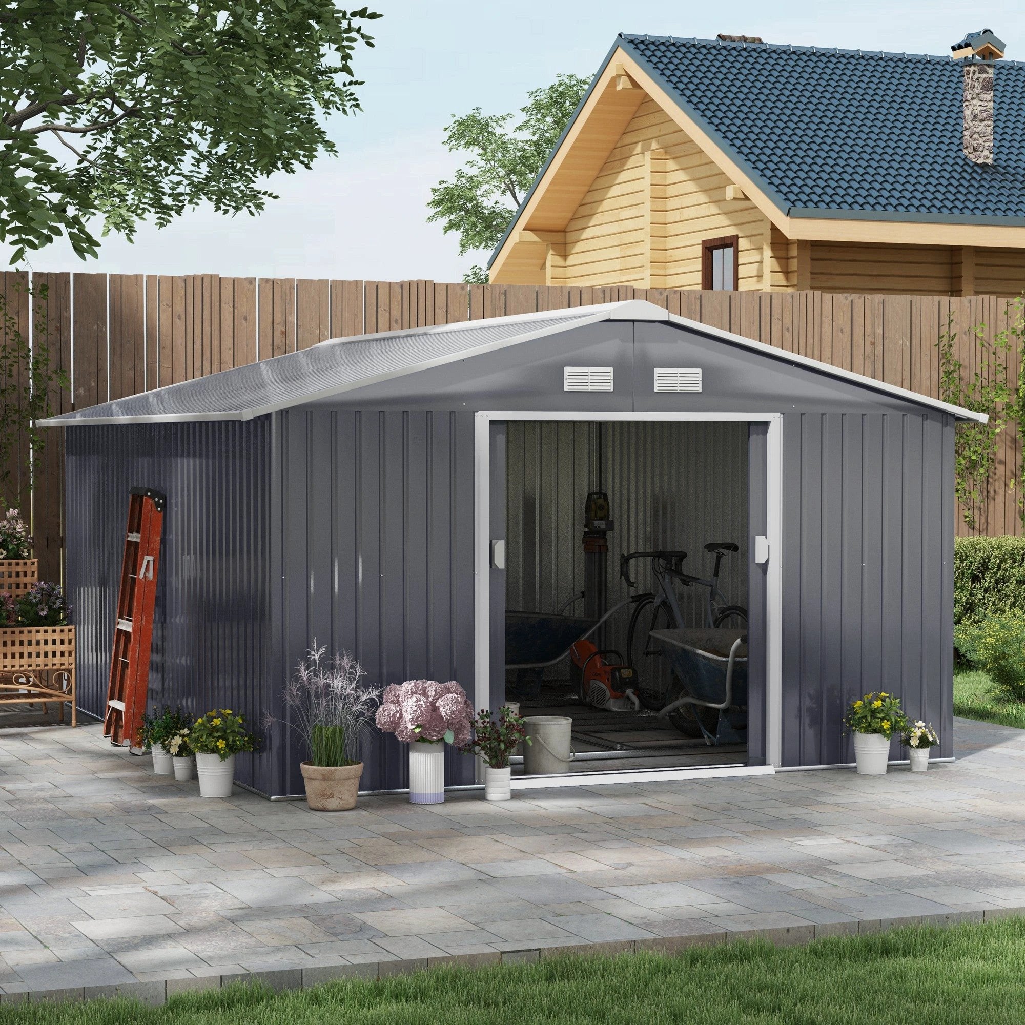 Outsunny 6.5 x 11FT Foundation Ventilation Steel Outdoor Garden Shed Grey - Garden Shed