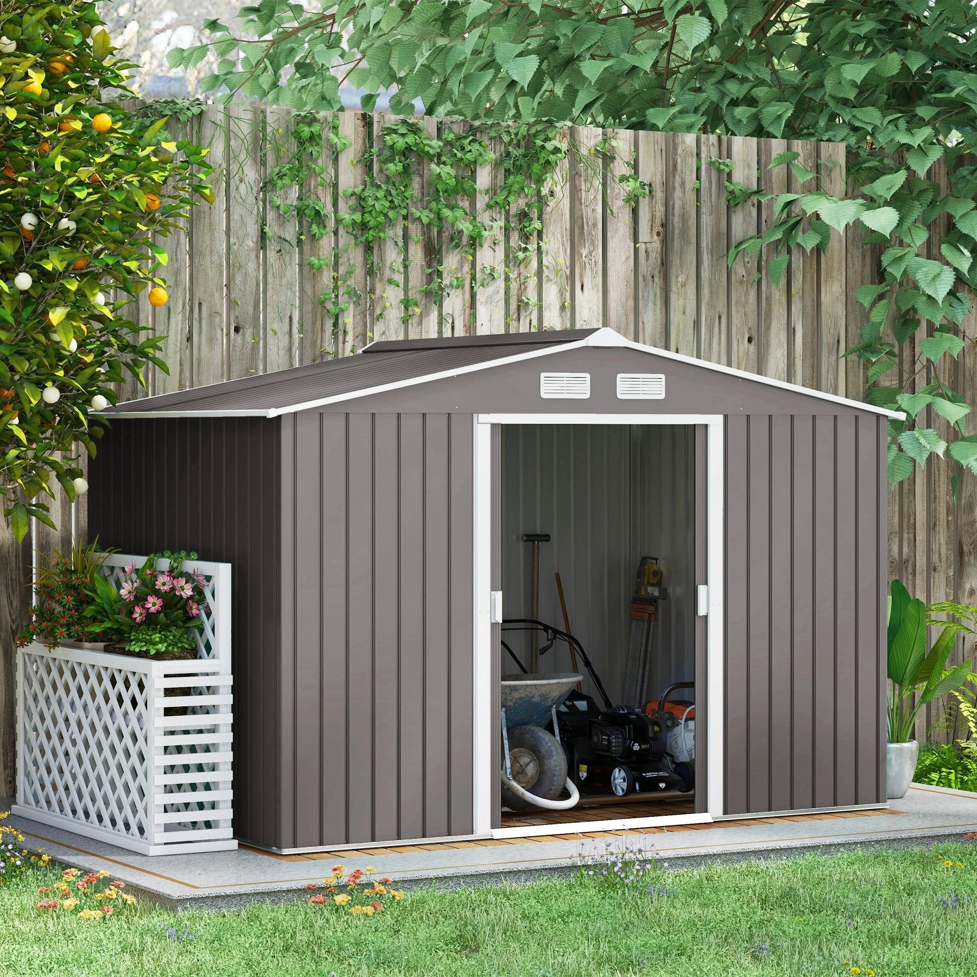 Outsunny 9 x 6FT Foundation Ventilation Steel Outdoor Garden Shed Grey - Garden Shed