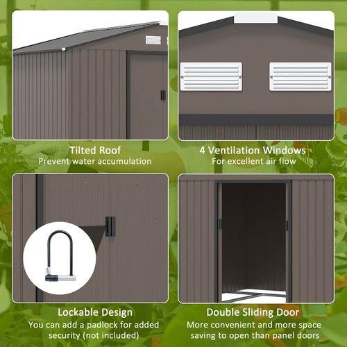 9 X 6FT Outdoor Storage Garden Shed Sliding Door Galvanised Metal Brown by Outsunny