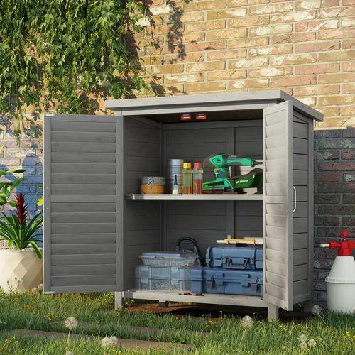 Outsunny Garden Shed Wooden 2 Door Unit Solid Fir Wood 87x46.5x96.5cm, Grey - Uncategorized Garden Shed