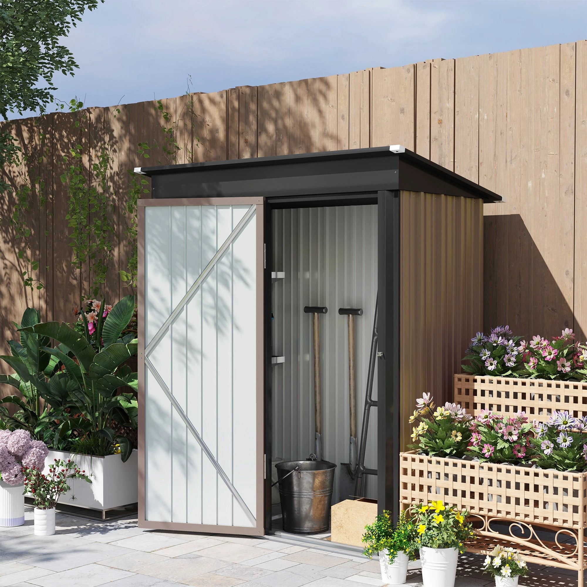 Outsunny Steel Garden Shed, Small Lean-to Shed for Bike, 5x3 ft Brown by Outsunny