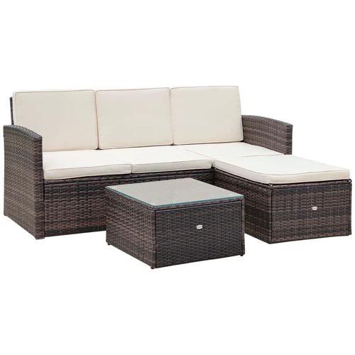 Outsunny 3PC Outdoor Patio Furniture Set Wicker Rattan 3-Seater Sofa Chair Couch Brown - Garden Sofa Sets