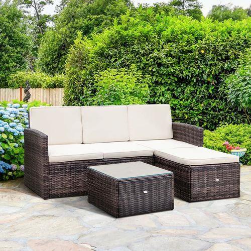 Outsunny 3PC Outdoor Patio Furniture Set Wicker Rattan 3-Seater Sofa Chair Couch Brown - Garden Sofa Sets