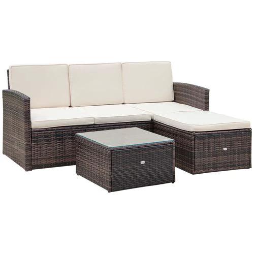 Outsunny 3PC Outdoor Patio Furniture Set Wicker Rattan 3-Seater Sofa Chair Couch Brown - Garden Sofa Sets