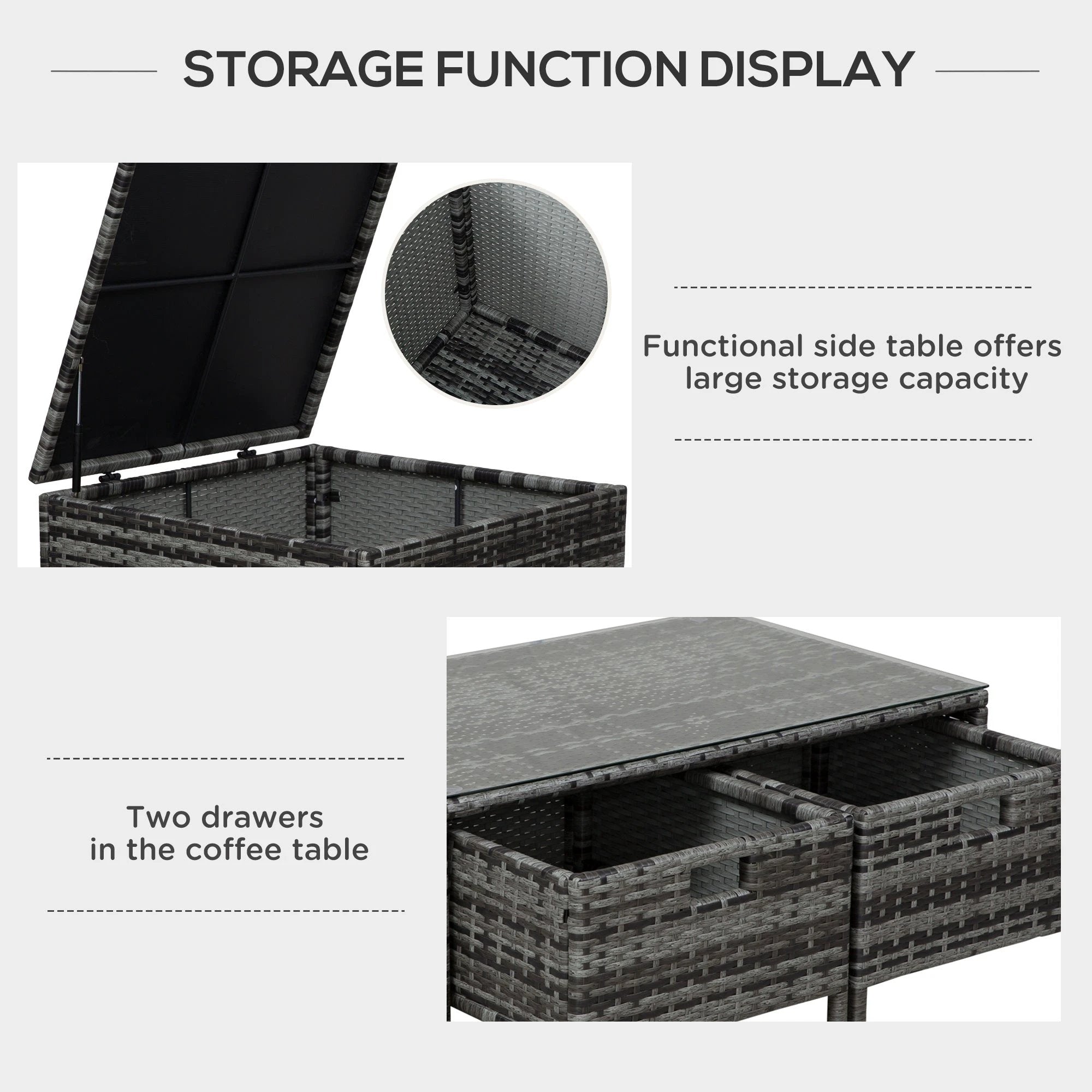 4pcs Rattan Sofa Storage & Table & 2 Drawers Cushions Corner Trunk Coffee Grey by Outsunny