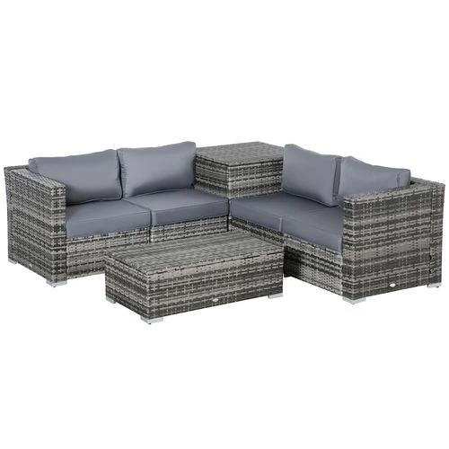 Outsunny 6PC Rattan Corner Sofa Set Table w/ Cushion Grey - Garden Sofa Sets