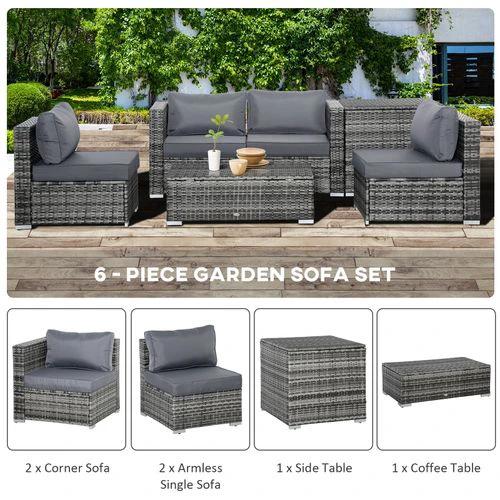 Outsunny 6PC Rattan Corner Sofa Set Table w/ Cushion Grey - Garden Sofa Sets