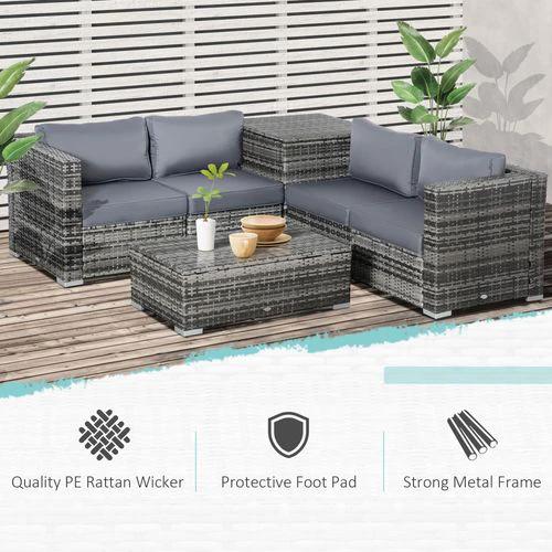 Outsunny 6PC Rattan Corner Sofa Set Table w/ Cushion Grey - Garden Sofa Sets