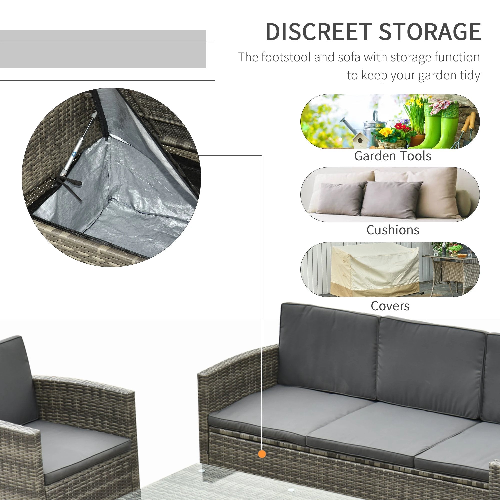 Outsunny Outsunny 5 PCs Rattan Cushion 3-Seater Single Sofa Stool Glass Coffee Table - Garden Sofa Sets