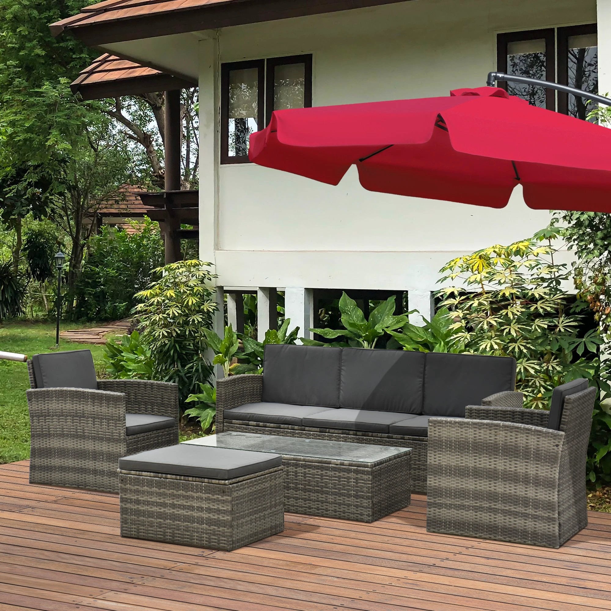 Outsunny 5 PCs Rattan Cushion 3-Seater Single Sofa Stool Glass Coffee Table by Outsunny