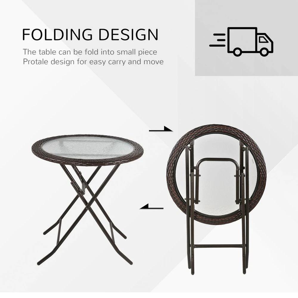 Outsunny Folding Round Tempered Glass Metal Table with Brown Rattan Edging by Outsunny