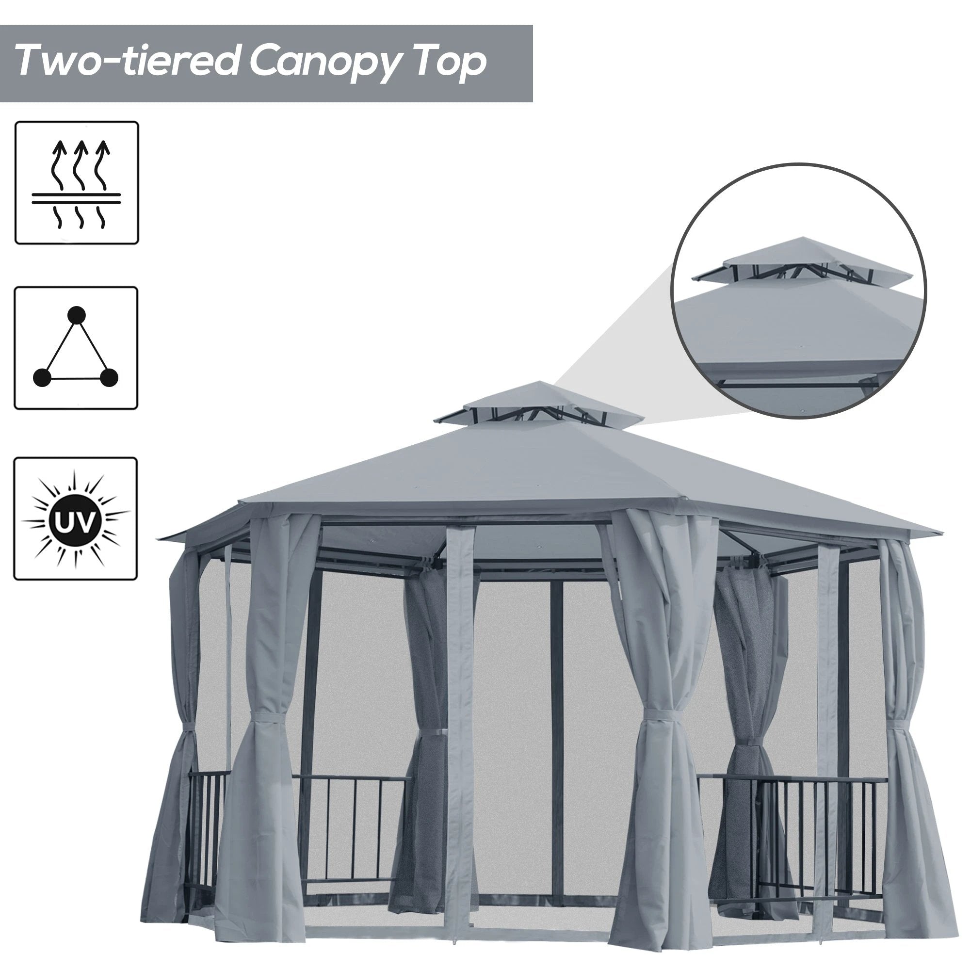 Outsunny Hexagon Gazebo Patio Party Tent Outdoor Garden Shelter 2 Tier Roof & Side Panel - Gazebos