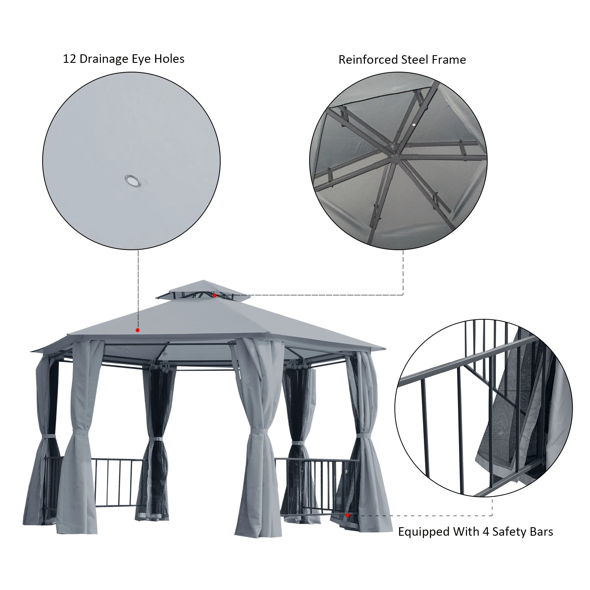 Outsunny Hexagon Gazebo Patio Party Tent Outdoor Garden Shelter 2 Tier Roof & Side Panel - Gazebos