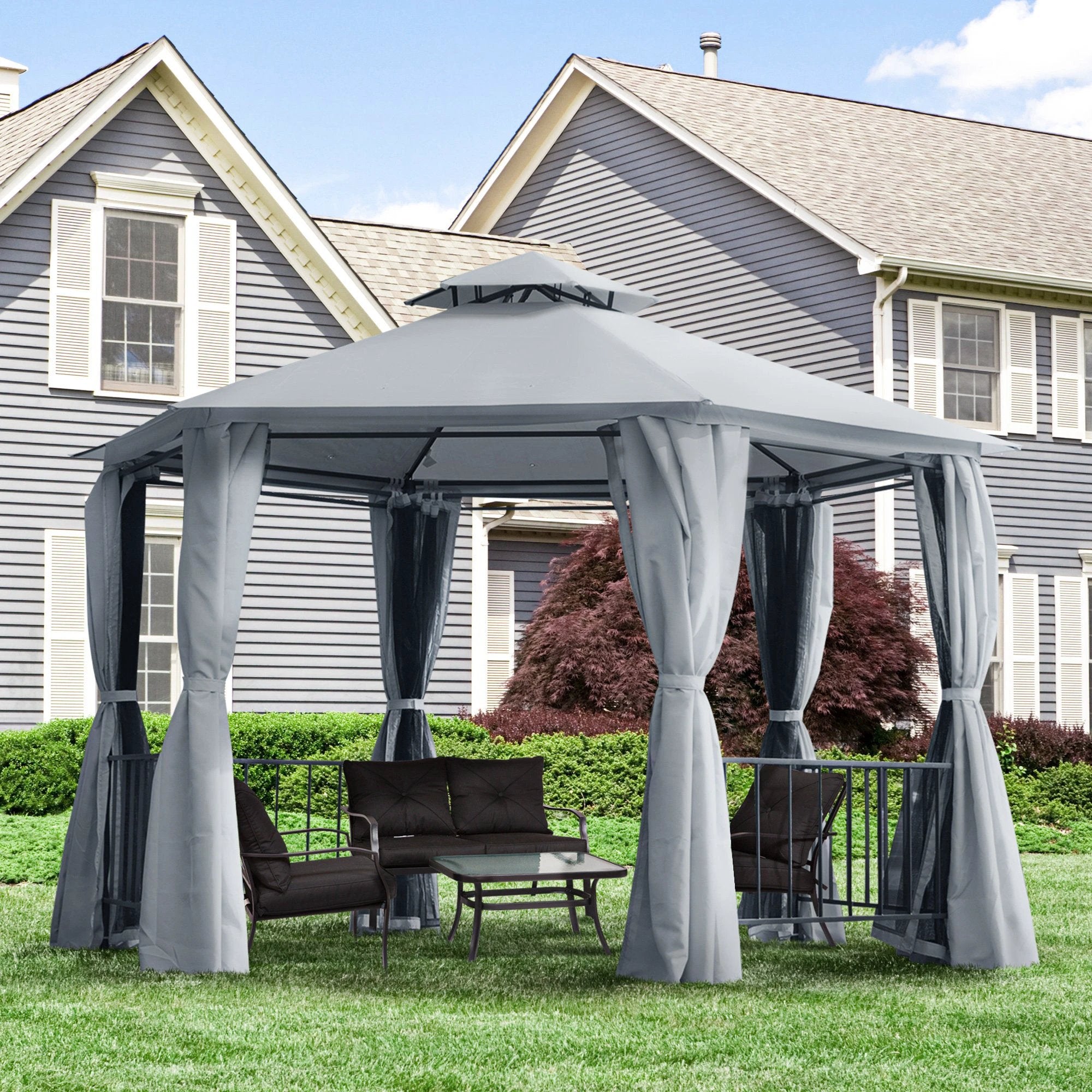Outsunny Hexagon Gazebo Patio Party Tent Outdoor Garden Shelter 2 Tier Roof & Side Panel - Gazebos