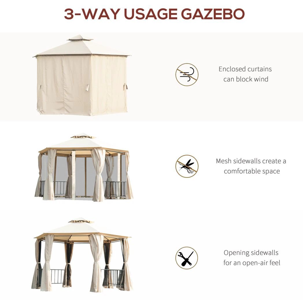 Outsunny Hexagon Gazebo Patio Party Tent Outdoor Garden Shelter 2 Tier Roof & Side Panel - Gazebos