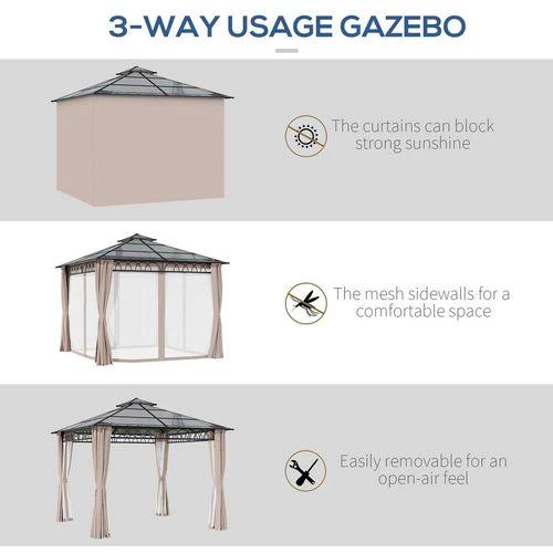 Outsunny 3 x 3 (m) Polycarbonate Gazebo, Hard Top Gazebo with Nettings & Curtains - Gazebos
