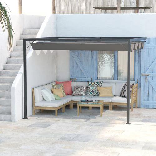 Outsunny 3x3m Pergola Retractable Canopy Wall Mounted Gazebo Sun Shade, Grey - Gazebos
