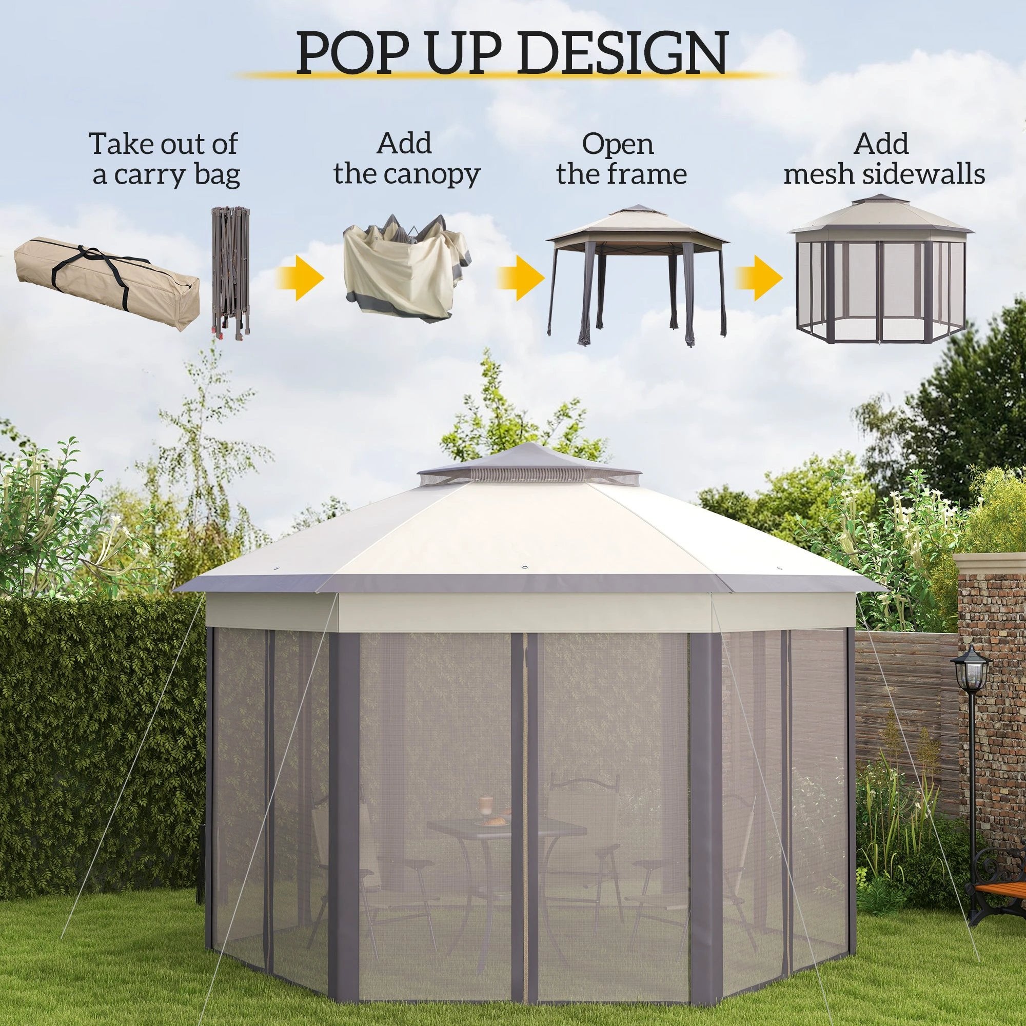 Outsunny 4.05m x 4.05m Metal Frame Mesh Draped 2-Tier Roof Gazebo Brown - Gazebos