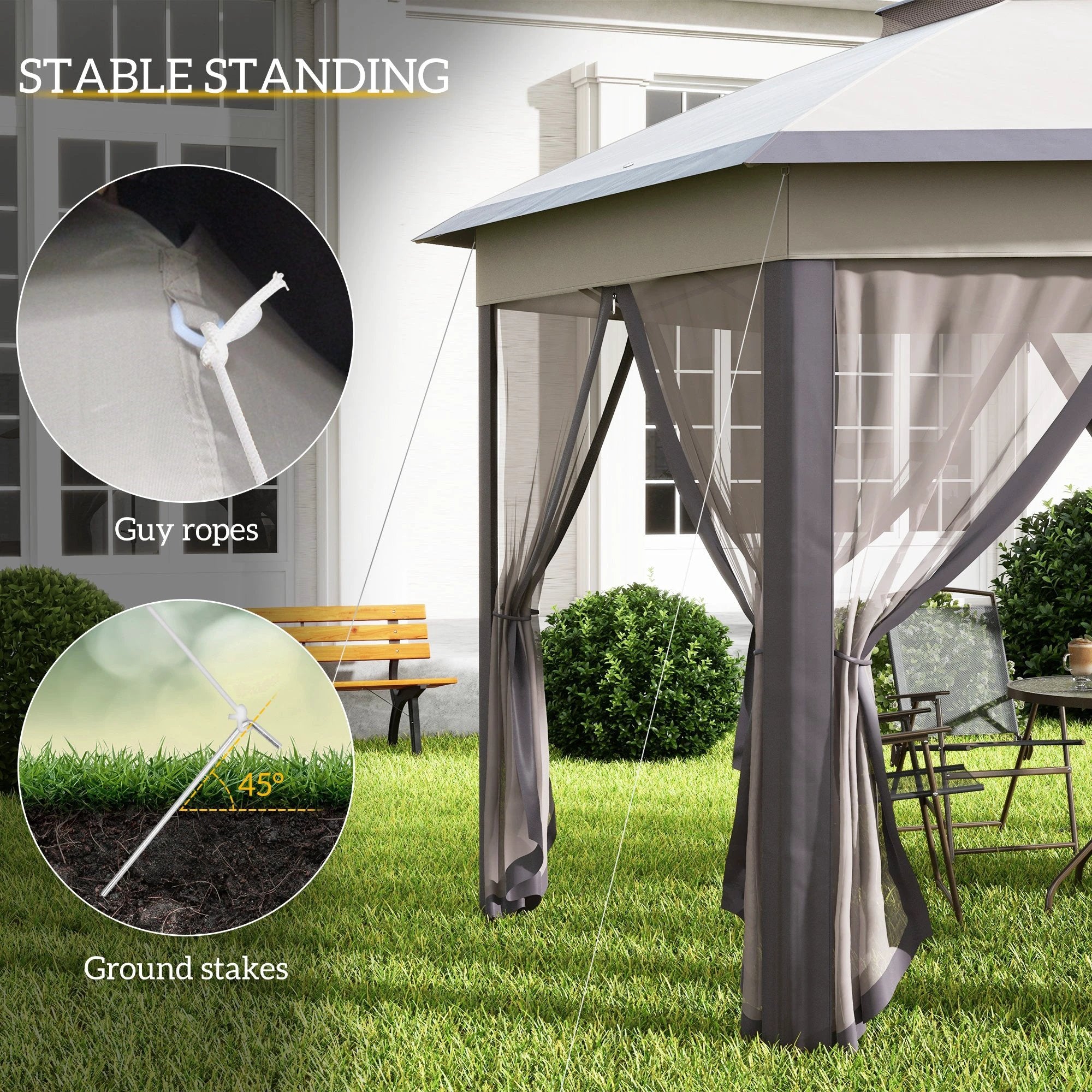 Outsunny 4.05m x 4.05m Metal Frame Mesh Draped 2-Tier Roof Gazebo Brown - Gazebos