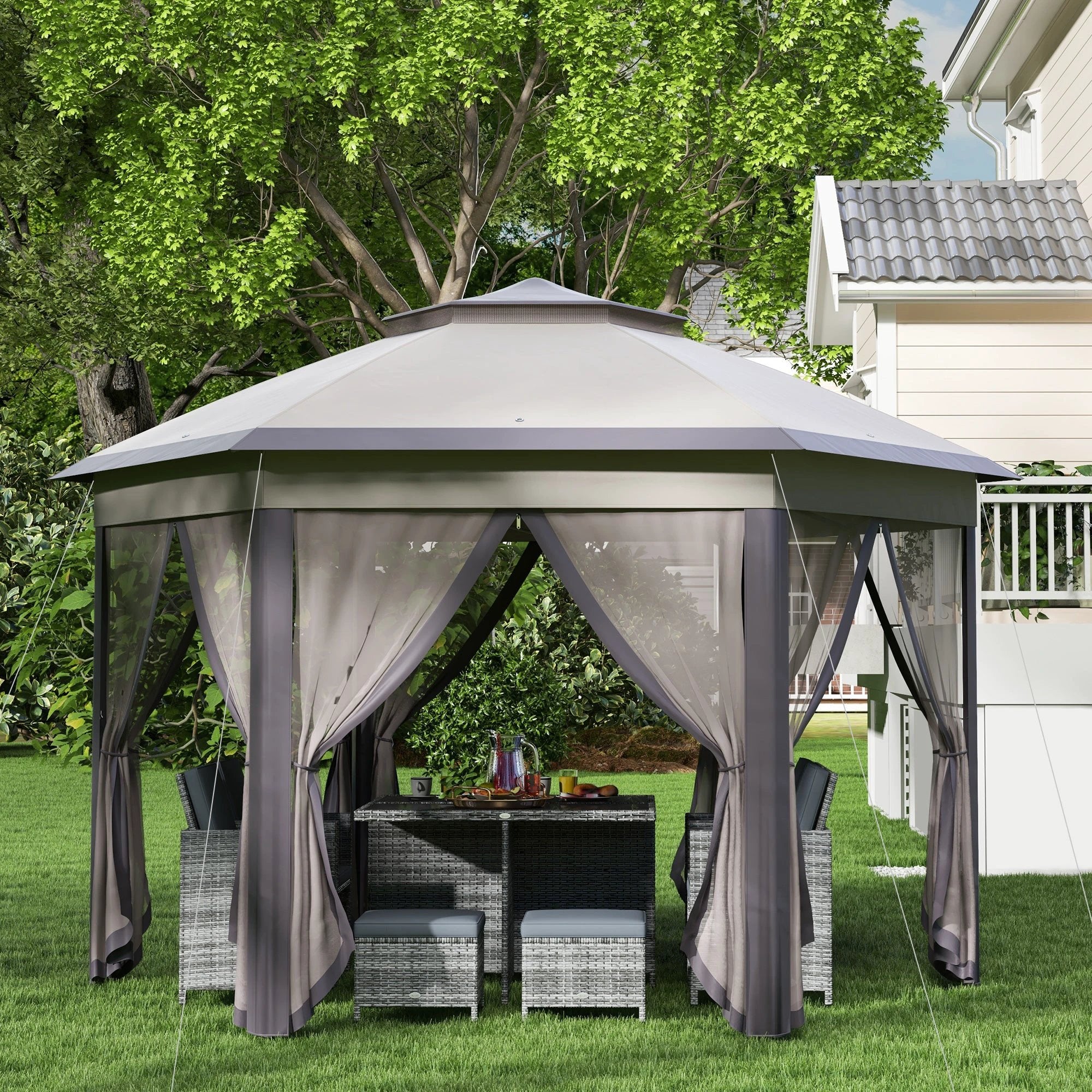 Outsunny 4.05m x 4.05m Metal Frame Mesh Draped 2-Tier Roof Gazebo Brown - Gazebos