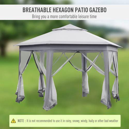 Hexagon Pop Up Gazebo Double Roof Netting, 4m x 4m, Grey w/ Mesh, 4x4m by Outsunny