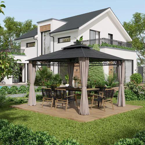Outsunny Outsunny 3.6 x 3 (m) Double Roof Hard Top Gazebo with Nettings & Curtains - Gazebos