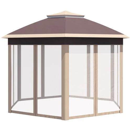 Outsunny Outsunny 3x4m Hexagon Gazebo w/ Metal Frame Mesh Curtains Outdoor Garden, Khaki - Gazebos