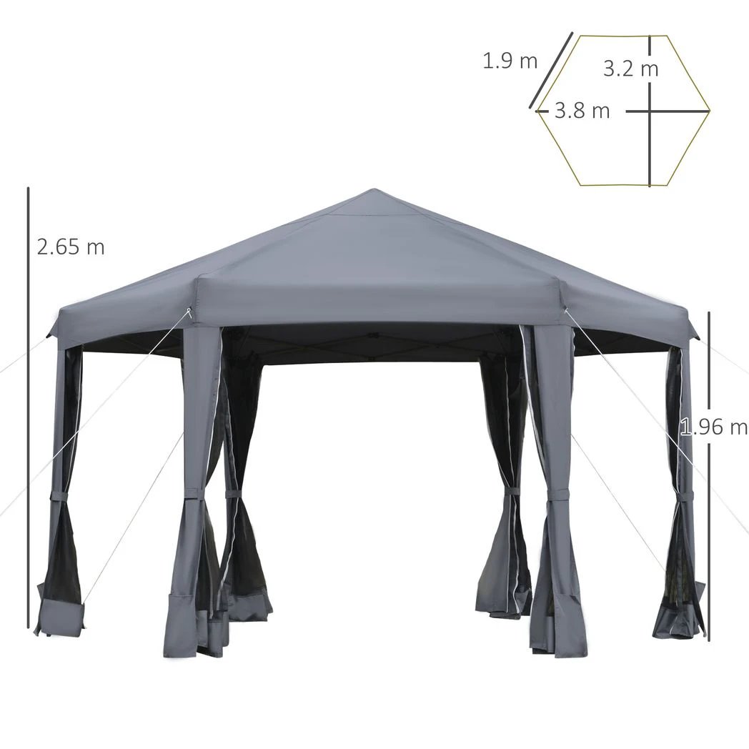 Outsunny 3.2m Pop Up Gazebo Hexagonal Tent Sun Protection with Mesh Sidewalls, Handy Bag - Uncategorized Gazebos