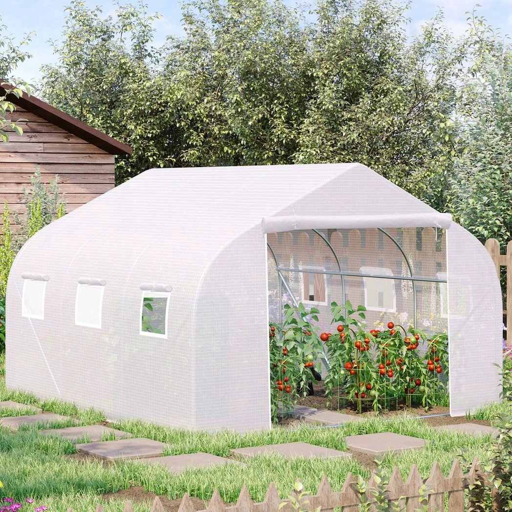 Outsunny PE Mesh Cover Galvanized Metal Frame Walk-In Greenhouse White - Greenhouse