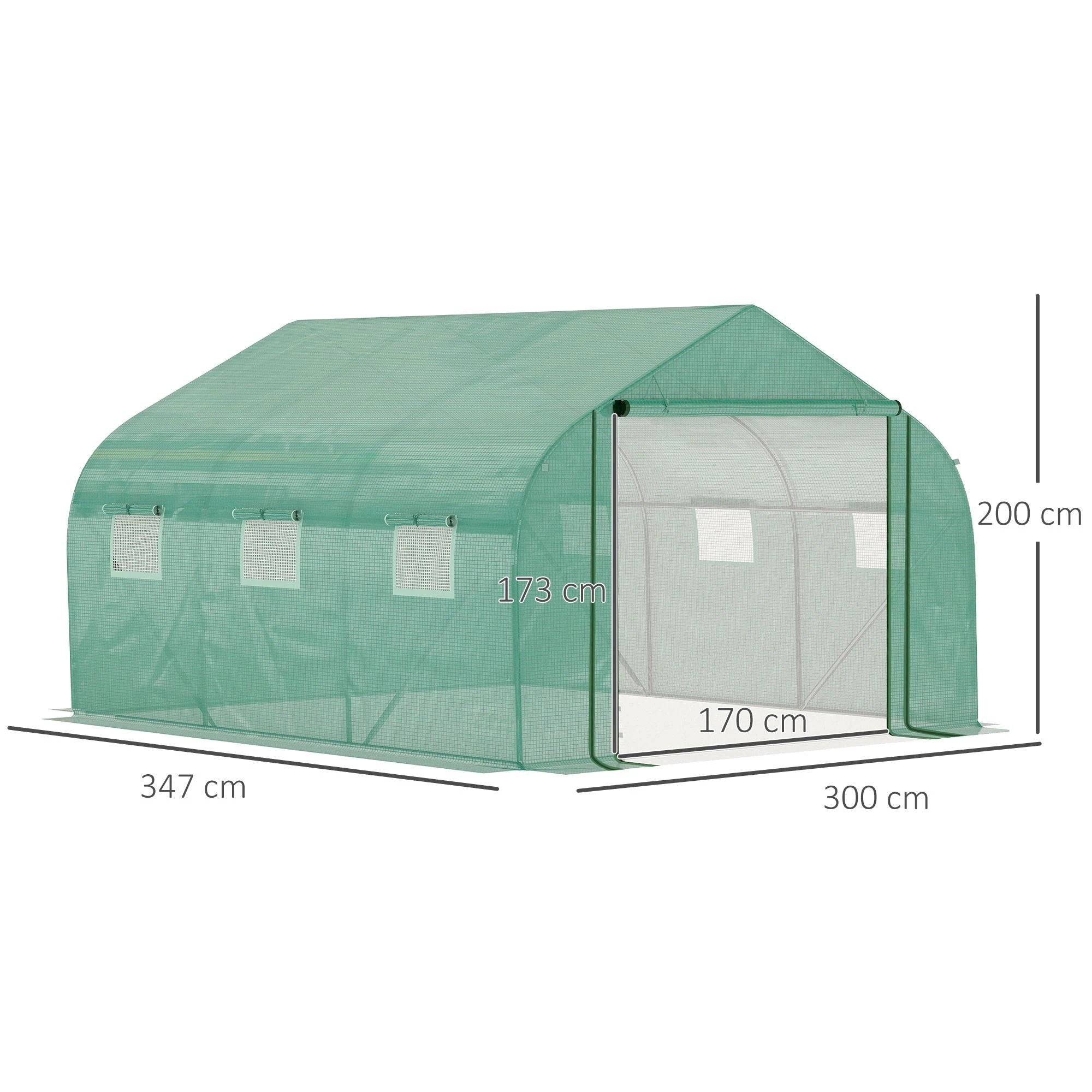 Outsunny Walk-in Garden Greenhouse Zippered Roll Up Door & 6 Windows, 3.5 x 3 x 2m, Green - Greenhouse