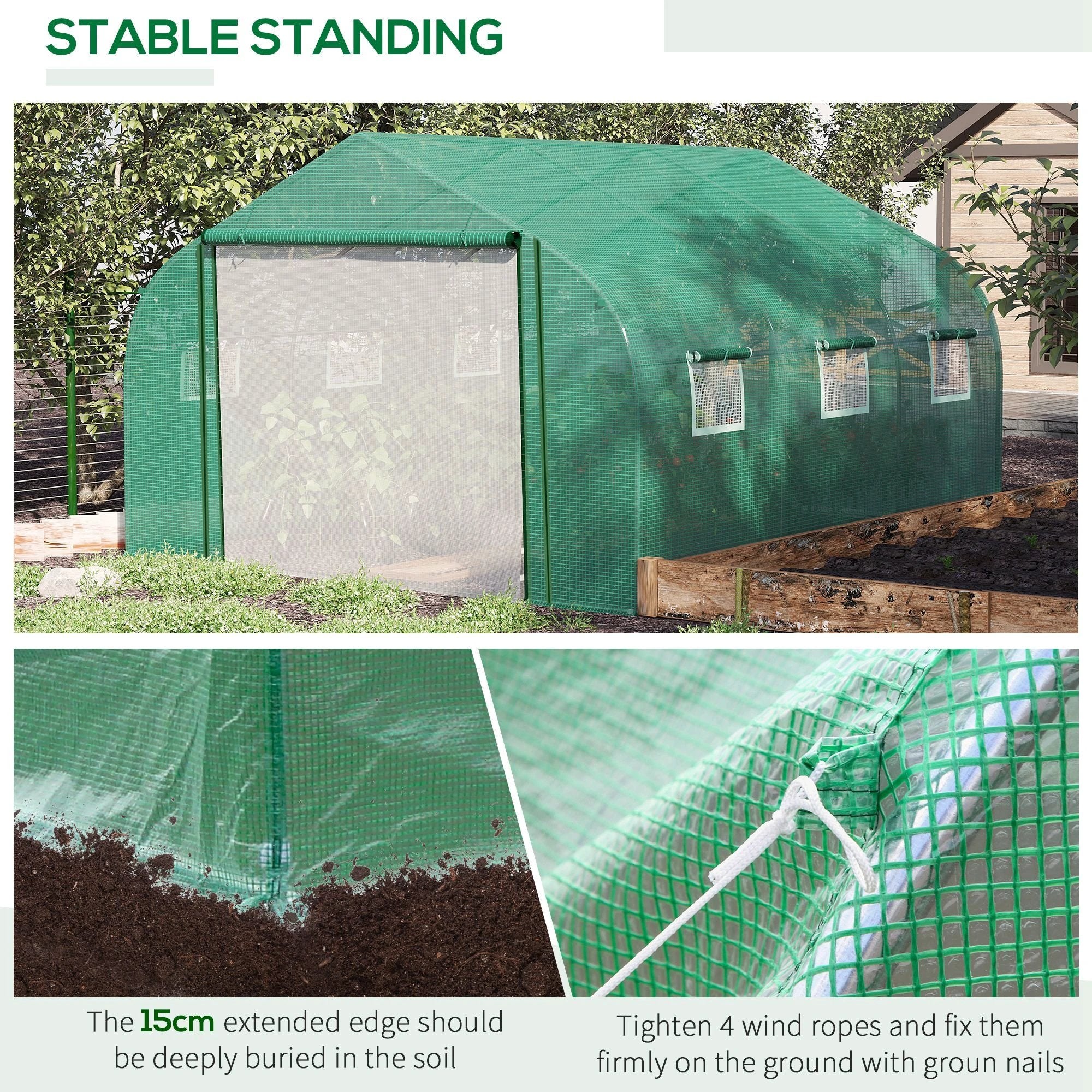 Outsunny Walk-in Garden Greenhouse Zippered Roll Up Door & 6 Windows, 3.5 x 3 x 2m, Green - Greenhouse